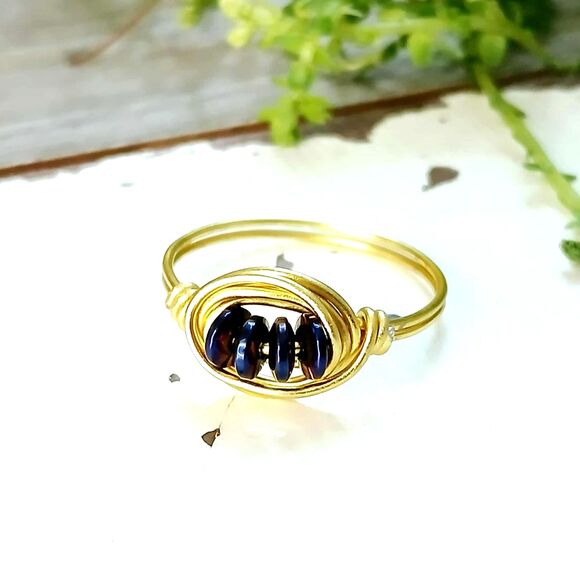 Plated Hematite Crystal Ring, Wire Wrapped Stackable Gemstone Ring, Size 9.5 - Picture 1 of 2